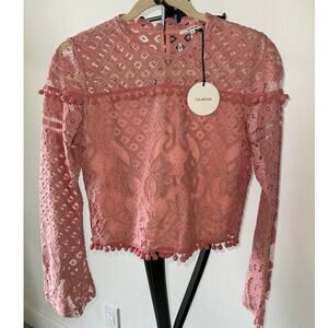 Tularosa Hollly Coral Pink Top Long Sleeve Lace Blouse Small NEW Poms Button